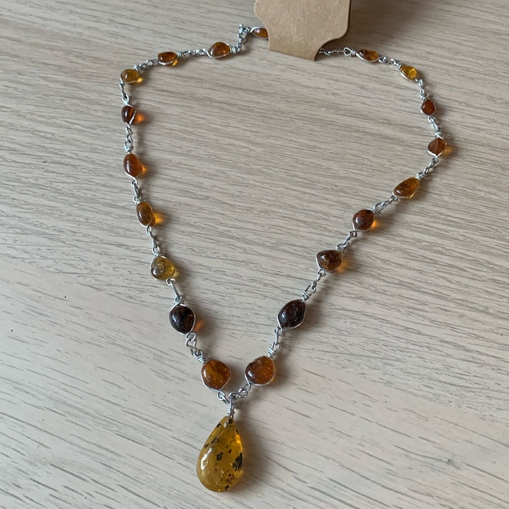 Amber Teardrop Pendant Necklace - Brown Amber Bead Chain